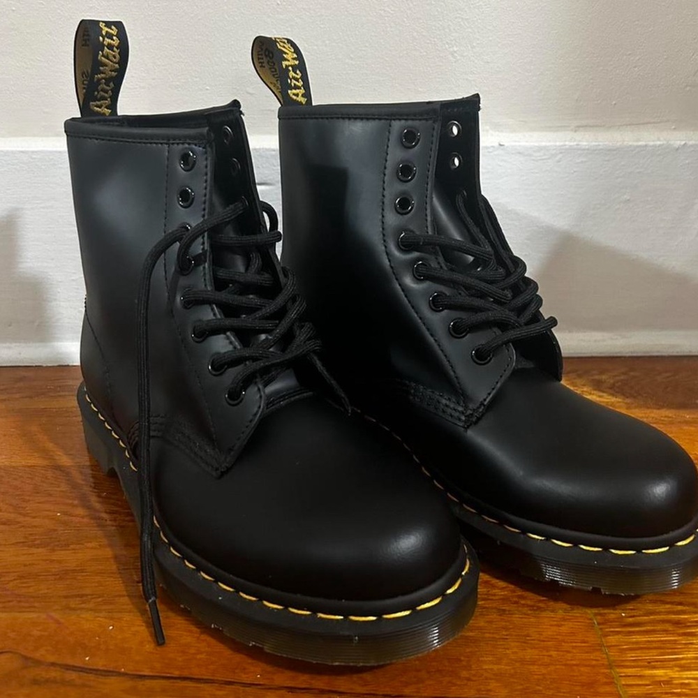 Dr. Martens Black Leather Boots with Yellow Stitching